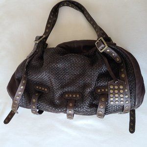 Be&D brown woven leather purse w/brass studs
